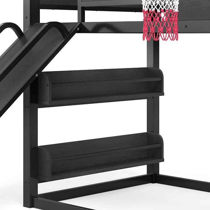 Bellemave Twin XL Bunk Bed with Basketball Hoop, Pull-up Rings and Climbing Wall, Twin XL Bunk Bed with Slide and Bookcase, Heavy Duty Bunk Beds with Guardrail, Black
