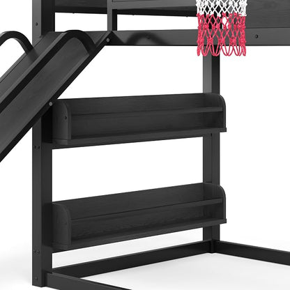 Bellemave Twin XL Bunk Bed with Basketball Hoop, Pull-up Rings and Climbing Wall, Twin XL Bunk Bed with Slide and Bookcase, Heavy Duty Bunk Beds with Guardrail, Black