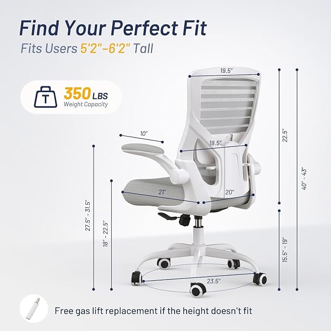 Office Chair for Long Hours & Back Pain Relief – 4" Molded Foam Cushion, Padded Lumbar Support, and Padded Flip-up Armrests, Ideal for Office or Study, Light Gray