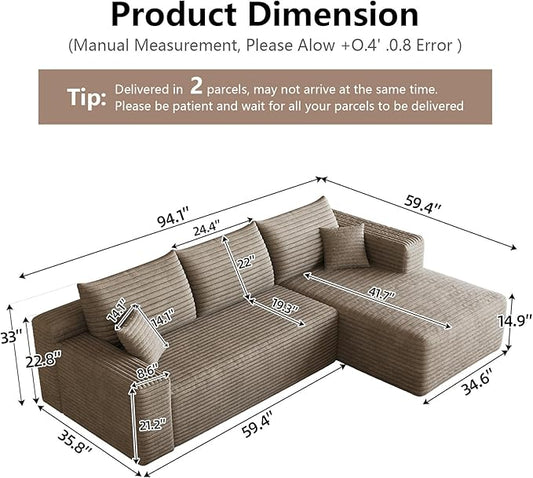 95" Cloud Sectional Couch with L-Shape Chaise, Modular Comfy Sofa Chaise Longue, Upholstered Corduroy Couches Sleeper with Deep Seat for Living Room Bedroom, No Assembly Required(Camel, Right Facing)