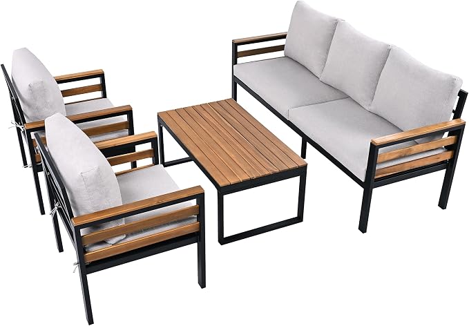VilroCaz 4-Piece Outdoor Patio Furniture Sectional Sofa Set with Acacia Wood Armrests, All-Weather Conversation Set with Removable Cushion and Solid Wood Coffee Table for Garden Backyard (Beige-TH)