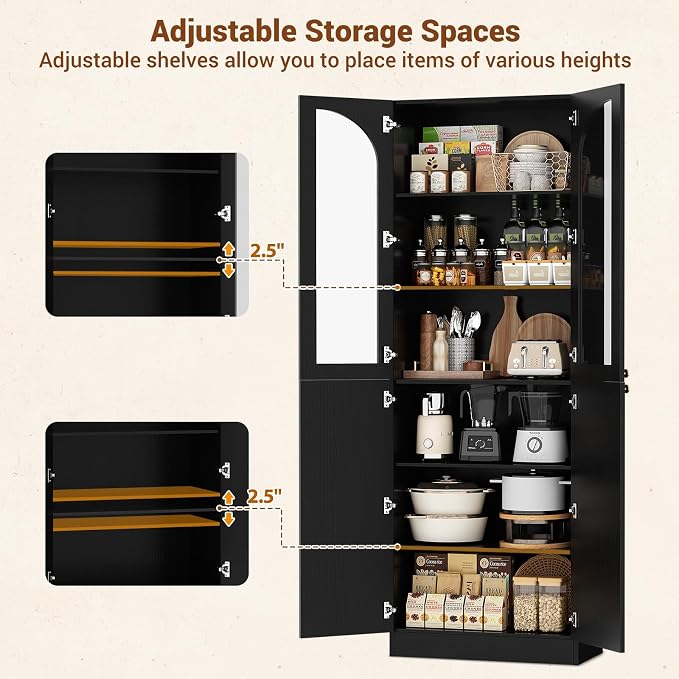Cyclysio 80" Kitchen Pantry, Tall Arch Storage Cabinet with Tempered Glass & Soft Close Doors, Freestanding Wood Floor Cupboard Bookcase with Seamless Fit Wall for Dining Room, Living Room, Bathroom