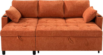 84" L-Shape Pull Out Sofa with 2 Storage Chaise, Orange | Chenille Sectional Sleeper Sofa w/Adjustable Backrest, Upholstered Reversible Couch Bed w/USB Port for Living Room, House