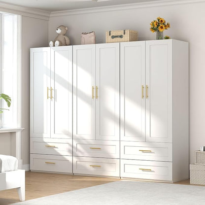 White Wardrobe with 2 Doors: 75" Tall Armoire Wardrobe Closet with 2 Drawers, Bedroom Closet Cabinet for Hanging Clothes, Wooden Storage Armoire with Shelves (Contemporary, 3)