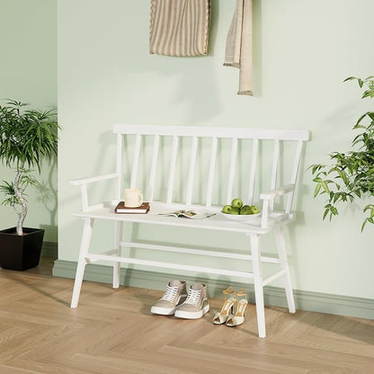 APRTAT Bamboo Entryway Bench, Dining Bench with Spindle Back (White) | Natural Bamboo & H-Shaped Support, Spindle Back, Ideal for entryways, bedrooms, outdoor settings, Easy Assembly & Clean