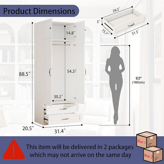 White Armoire Wardrobe Closet: 88" Extra Tall Wardrobe Closet with 2 Drawers, Bedroom Armoires with 2 Doors, Wood Large Armoire with Top Cabinet (White, 31.5")