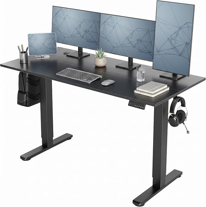 Claiks Electric Standing Desk, 55 x 24 Inch Height Adjustable Sit Stand Desk for Home Office, Computer Desk with Memory Presets, Cable Management & Headphone Hooks, 156 lbs Capacity, Black