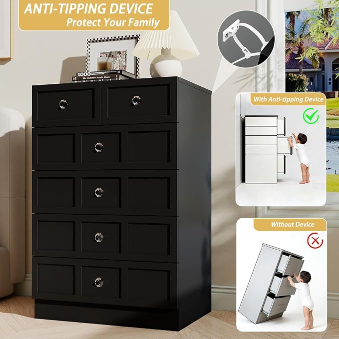 6 Drawer Dresser for Bedroom: 24" Black Chest of Drawers with Deep Drawers, Tall Fluted Dresser with Storage, Modern Wood Dressers for Bedroom, Living Room