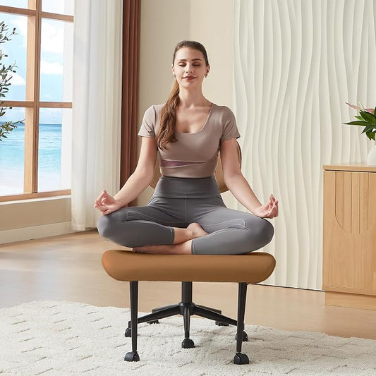 Bestier Meditation Chair with Wider Bentwood Back Support, Ergonomic Cross Legged Office Chair for Adults up to 300 lbs, 360° Swivel Adjustable Height for Multi Position (Contemporary Bentwood, Brown)