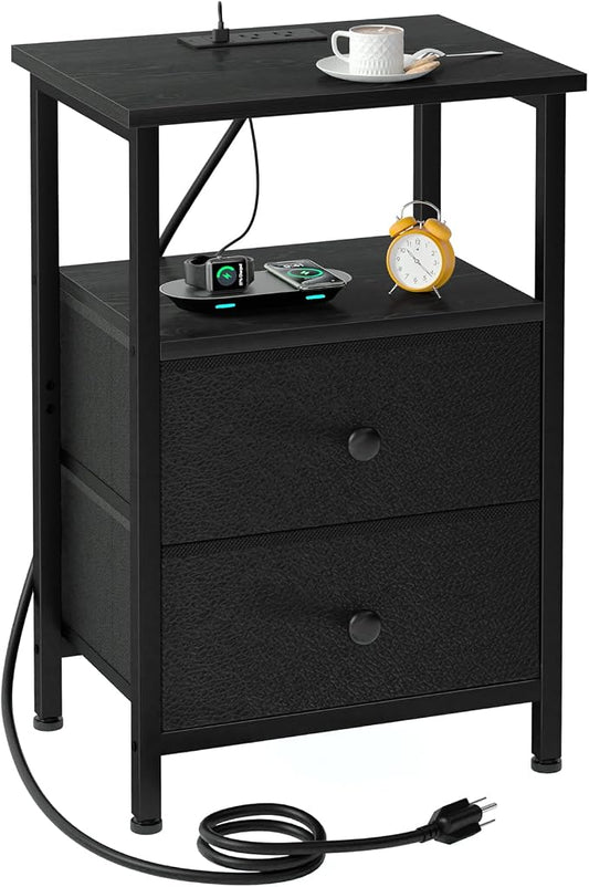 LOAKEKEL Night Stand, Nightstand with Charging Station, Slim Industrial Bedside Table with 2 Fabric Drawers, Small End Table with USB & Type-C Ports for Bedroom, Black, HETS020BK-1
