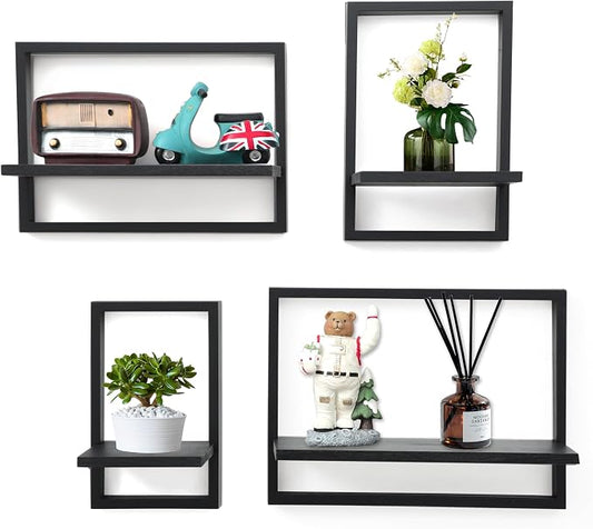 PHOENANCEE Square Floating Shelves,Framed Wall Shelf Decorative Set of 4,Modern Plants Hanging Display Art Decor Storage for Livingroom Bedroom Bathroom Farmhouse,Home Light Wood,Rustic Black