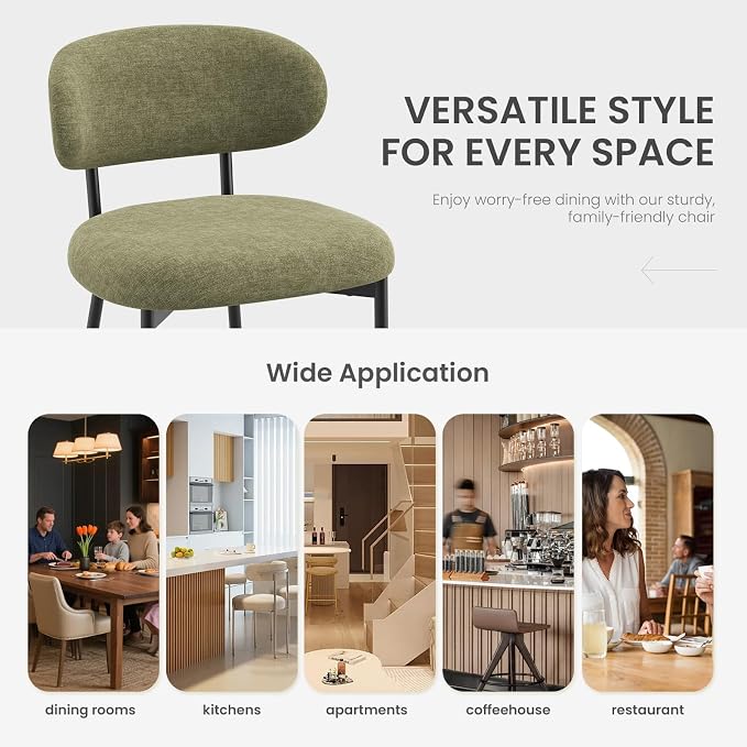 Upholstered Dining Chairs Set of 2, Modern Fabric Kitchen Chairs with Curved Backrest and Cushioned Seat, Sturdy Metal Legs, Comfortable Accent Chairs for Kitchen Dining Room, Living Room,Green