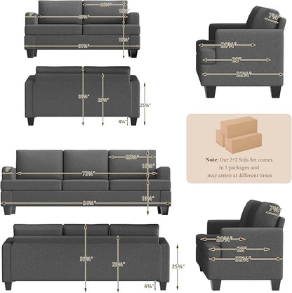 Furnimart Modern 3 Seater Couch and Loveseat Sets, Couches Set of 2 for Living Room, Deep Seat Sectional Sofa and Love Seat Set, Dark Grey
