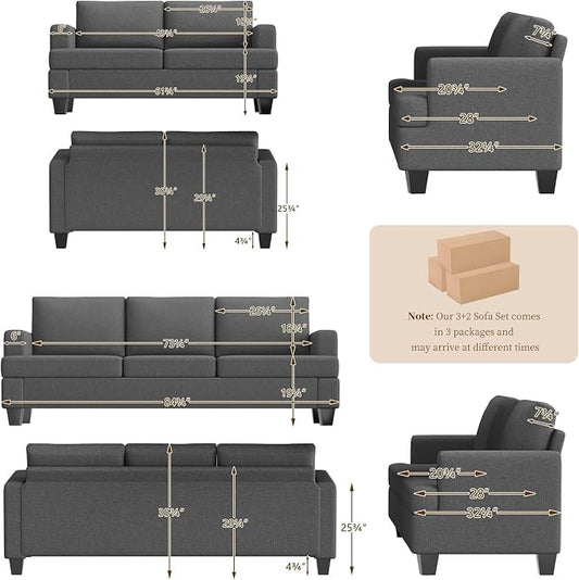 Furnimart Modern 3 Seater Couch and Loveseat Sets, Couches Set of 2 for Living Room, Deep Seat Sectional Sofa and Love Seat Set, Dark Grey
