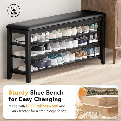 Shoe Rack Bench Entryway Storage with Leather Cushion, Shoe Organizer Bench for Entryway, Ideal for Front Doors Entrances Hallway Mudroom Featuring Rubberwood And 3 Height-Adjustable Removable Shelve