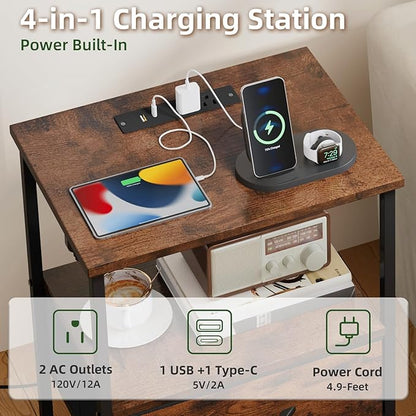 Somdot Nightstand Set of 2 with Charging Station and LED Light for Bedroom, Bedside Table End Table for Dorm Guest Room Bedside Kids Laundry Closet Entryway Hallway, Wood Grain Print