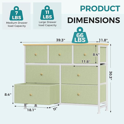 OLIXIS 7 Drawer Dresser for Bedroom, Tall Fabric Storage Tower with Sturdy Steel Frame and Wooden Top, Large Dresser for Living Room Entryway with Easy Pull Fabric Bins,Light Green