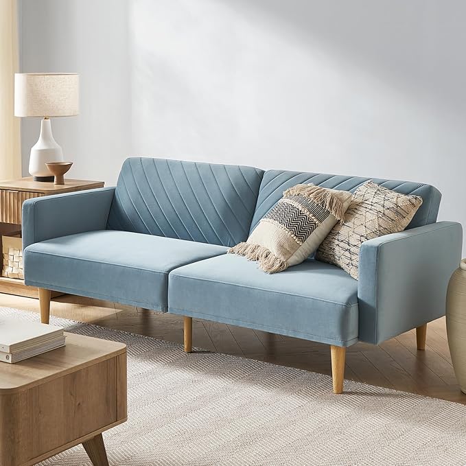 mopio 76.4" Futon Sofa Bed, Couch, Loveseat, Sleeper Sofa, Mid Century Modern Futon Couch, Sofa Cama, Couches for Living Room (Sky Blue Premium Velvet)