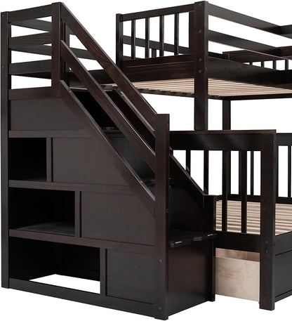 L-Shaped Bunk Bed for 4 Kids, Twin-Twin Over Full with 3 Drawers, Portable Desk and Wardrobe, Solid Wood Bedframe with Stairs and Full-Length Guardrails, No Box Spring Needed (Espresso)