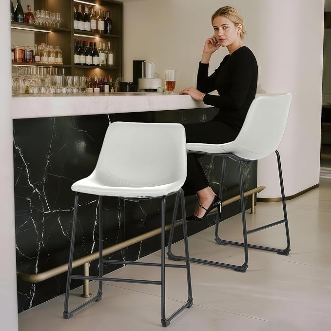 Athena Collection 23'' Counter Height Bar Stools Bar Chairs Set of 2 Modern PU Leather Bucket Chairs with Back Soft Foam Filled Metal Frame Bar Stools with Footrest for Pub, Bistro, Kitchen, White