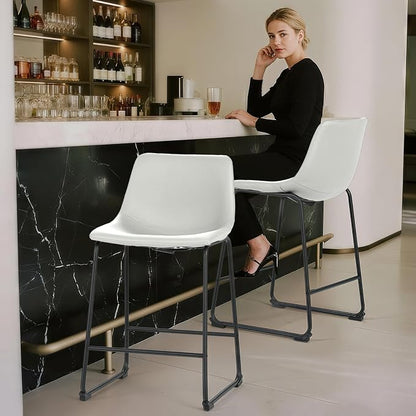 Athena Collection 23'' Counter Height Bar Stools Bar Chairs Set of 2 Modern PU Leather Bucket Chairs with Back Soft Foam Filled Metal Frame Bar Stools with Footrest for Pub, Bistro, Kitchen, White