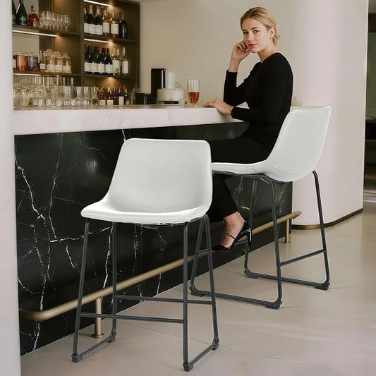 Athena Collection 23'' Counter Height Bar Stools Bar Chairs Set of 2 Modern PU Leather Bucket Chairs with Back Soft Foam Filled Metal Frame Bar Stools with Footrest for Pub, Bistro, Kitchen, White
