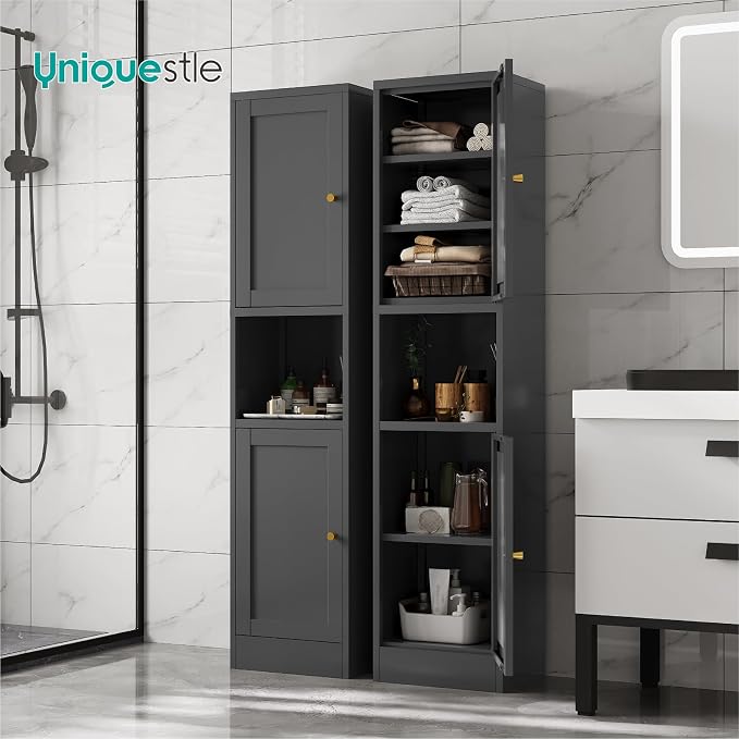 67" Tall Narrow Storage Cabinet with Doors and Open Shelf,Metal Pantry Cabinet,Shaker Style Slim Cabinet with Adjustable Shelves,for Bathroom Kitchen Laundry Small Spaces, Black, 1Pc