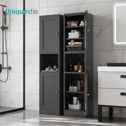 67" Tall Narrow Storage Cabinet with Doors and Open Shelf,Metal Pantry Cabinet,Shaker Style Slim Cabinet with Adjustable Shelves,for Bathroom Kitchen Laundry Small Spaces, Black, 1Pc