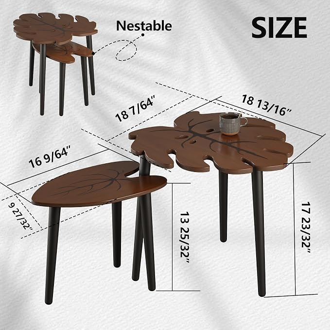 BAMEOS Monstera Leaf Nesting Tables Set of 2, Small Side Tables f Set with Leaf Vein Pattern, Modern Wooden CoffeeTables for Living Room Bedroom Apartment Balcony Yard
