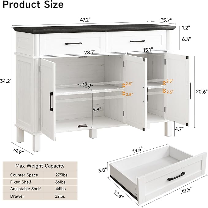 48 Inches Buffet Cabinet with Storage, Farmhouse Sideboard Buffet w/2 Drawers and 3 Doors, Wood Coffee Bar Cabinet with Adjustable Shelves, Sideboard Storage for Kitchen, Living Room, Off White&Black