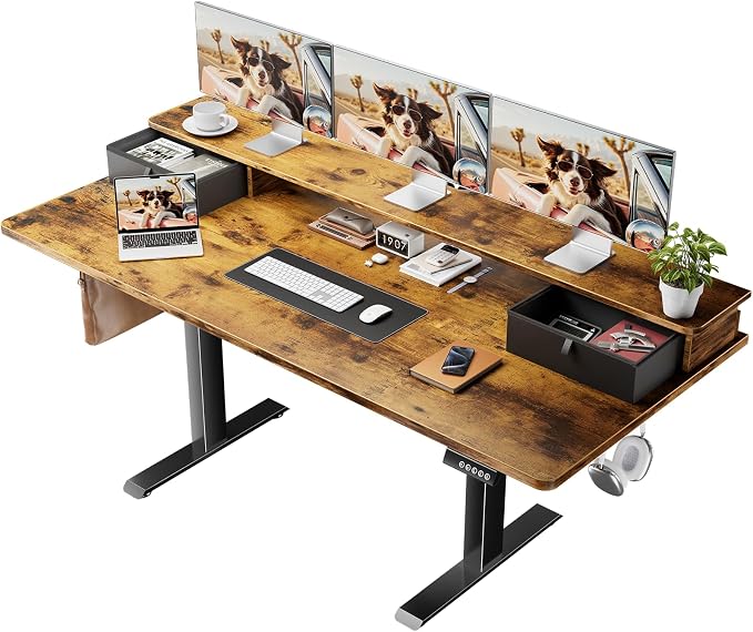 Veken 63x28 in Electric Standing Desk with Drawers, Adjustable Table, Brown | Stand up Computer Desk for Home Office, Work & Study, with Storage, 3 Memory Presets, Cable Organizer, Hook, and Quiet Lift.