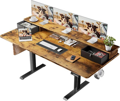 Veken 63x28 in Electric Standing Desk with Drawers, Adjustable Table, Brown | Stand up Computer Desk for Home Office, Work & Study, with Storage, 3 Memory Presets, Cable Organizer, Hook, and Quiet Lift.