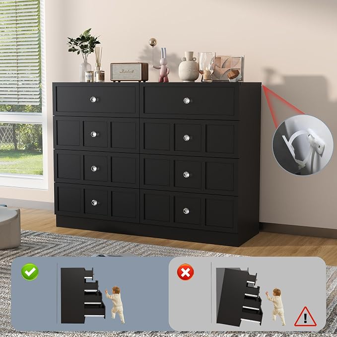 8 Drawer Dresser for Bedroom: 47" Black Wide Tall Dressers for Bedroom, Modern Fluted Dresser with Deep Drawers, Wooden Chest of Drawers for Living Room