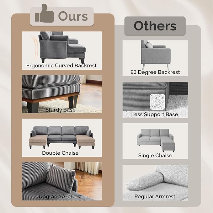 VINGLI 108" W U-Shaped Sectional Couches for Living Room, Sturdy Wooden Armrest Corduroy Cloud Couch with Double Chaise, High Support Modern 4-Seat Sectional Sofa for Apartment, Offices, Dark Grey