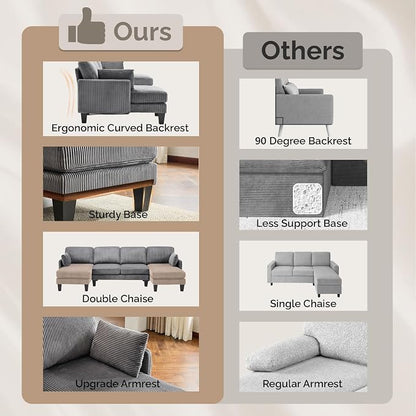 VINGLI 108" W U-Shaped Sectional Couches for Living Room, Sturdy Wooden Armrest Corduroy Cloud Couch with Double Chaise, High Support Modern 4-Seat Sectional Sofa for Apartment, Offices, Dark Grey