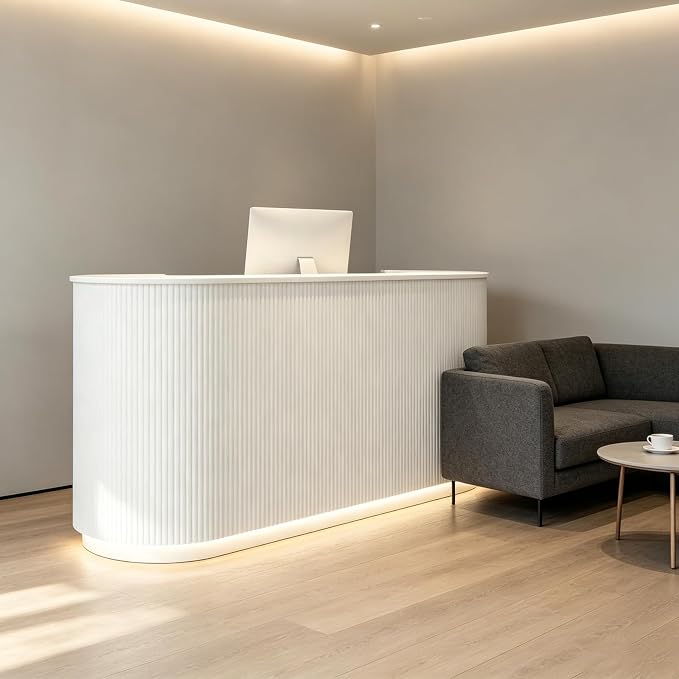 Modern Reception Desk Check Out Counter Front Desk for Spa Salon Office | Power Outlet Lockable Cabinet Keyboard Tray Privacy Panel Cable Grommet Open Storage Storage Cabinet