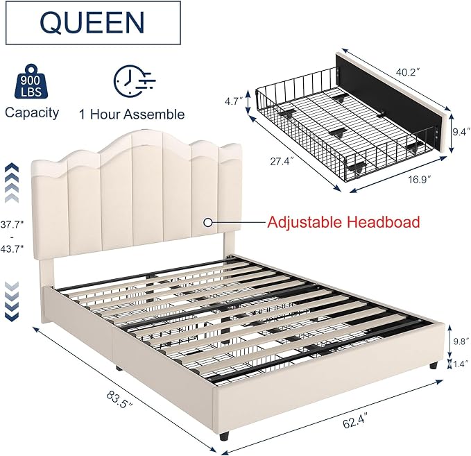 VECELO Queen Size Platform Bed Frame with Type-C & USB Charging Stations/4 Storage Drawers, Upholstered Adjustable Headboard, Strong Wooden Slats Support, No Box Spring Needed, Easy Assembly