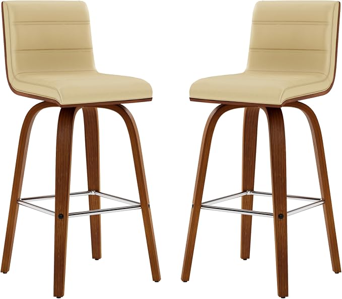 Armen Living Vienna Modern Swivel 26" Counter Height Barstool with Cream Faux Leather and Walnut Wood Finish