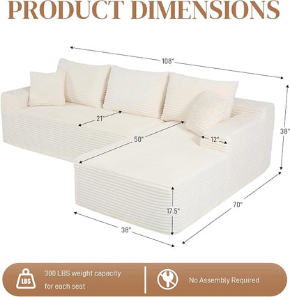 108" L Shaped Cloud Boneless Sectional Couches for Living Room, Modern Comfy Modular Deep Seat Memory Foam Compressed Corduroy Sofa Oversized Right Facing Chaise, No Assembly Required, White