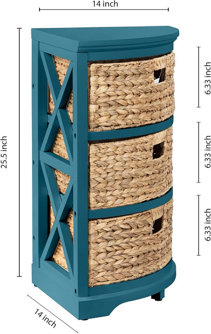 eHemco Hampton Meadows 3 Tier X-Side Corner Table Storage Cabinet, Teal | 3 Wicker Baskets