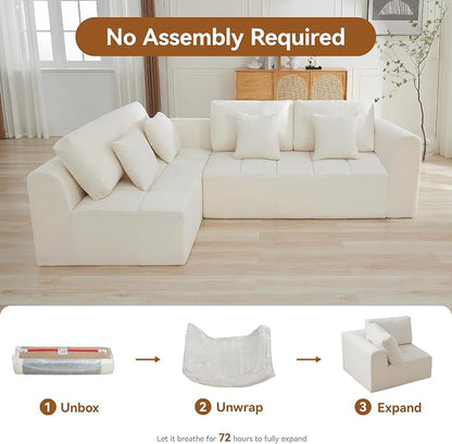 110''Modular Sectional Couches for Living Room, Cloud Boneless Compressed Sofa Left Facing Chaise, Oversized L Shaped 4 Seater Memory Foam Sofa, No Assembly, Chenille Beige