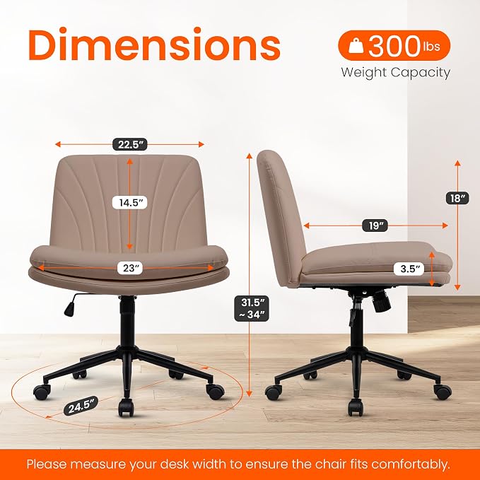 Orange Factory Criss Cross Chair with Wheels Comfy Wide Vanity Desk Chair Dual Base Leather Armless Adjustable Swivel for Home Computer Task (Brown Pu, Faux Leather)