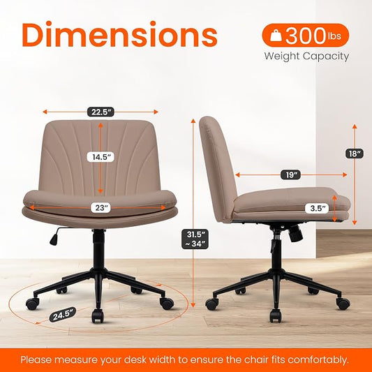 Orange Factory Criss Cross Chair with Wheels Comfy Wide Vanity Desk Chair Dual Base Leather Armless Adjustable Swivel for Home Computer Task (Brown Pu, Faux Leather)