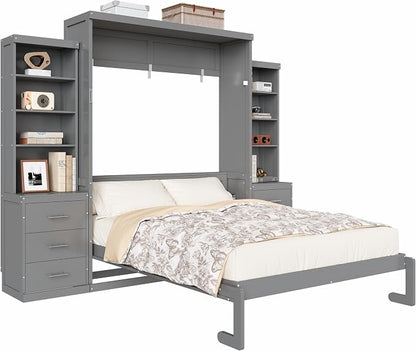 Murphy Bed Queen Size,Murphy Bed with Storage Shelves and Drawers,Wall Bedframe w/Wood Slatk,can be Folded,No Box Spring Needed,for Bedroom Apartment,Gray