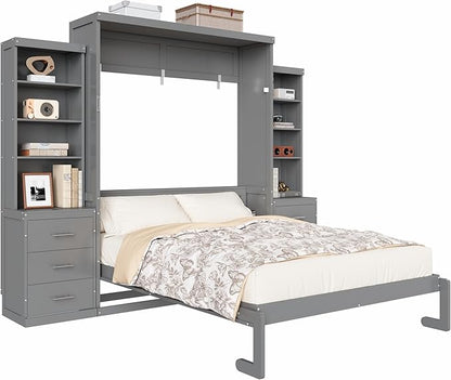 Murphy Bed Full Size,Murphy Bed with Storage Shelves and Drawers,Wall Bedframe w/Wood Slatk,can be Folded,No Box Spring Needed,for Bedroom Apartment,Gray