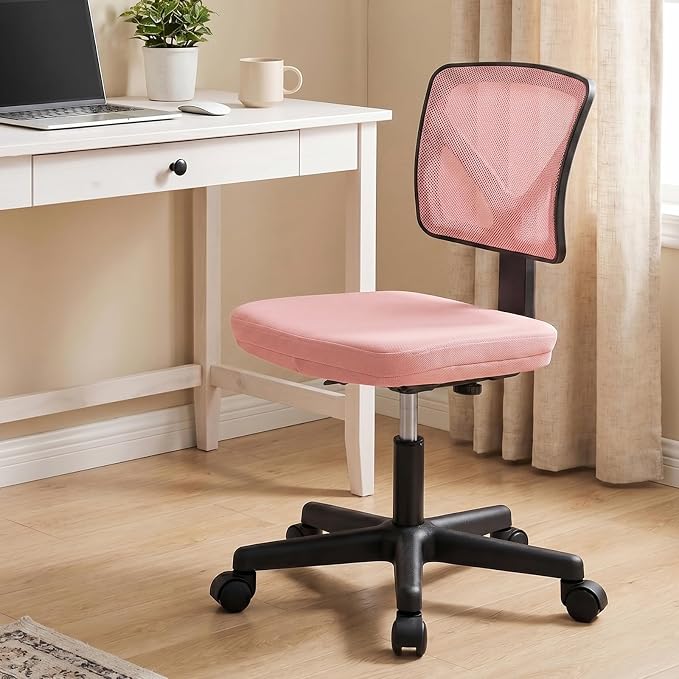 Sweetcrispy Small Desk Chair, Ergonomic Low-Back Mesh Rolling Work Swivel Chairs with Wheels, Armless Comfortable Seat Lumbar Support for Home, Bedroom, Study, Student, Adults,Classic Pink