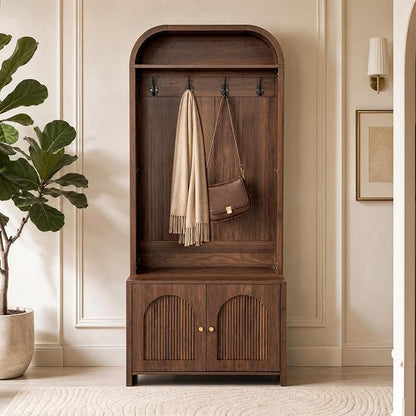 Narrow Entryway Hall Tree with Storage Bench, Modern Fluted Coat Rack and 2-Door Shoe Cabinet for Small Spaces, Arched Mudroom Organizer to Hide Clutter, Walnut