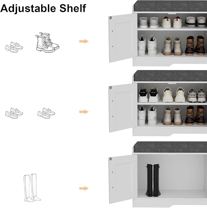 Homleke 2-Tier Storage Bench, Shoe Bench with Thickened Padded Seat Cushion, Entryway Bench with 4 Doors, Adjustable Shelf, 13.8" D x 45.3" W x 18.5" H, for Entryway, Living Room, Bedroom, White