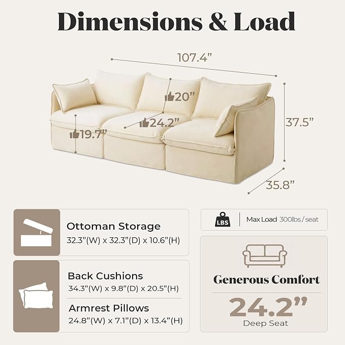 Cloud Modular Sofa, Oversized Deep Seat Comfort, Luxe Chenille | Fully Removable Washable Covers, Memory Foam Seat Cushions, Premium Fabric