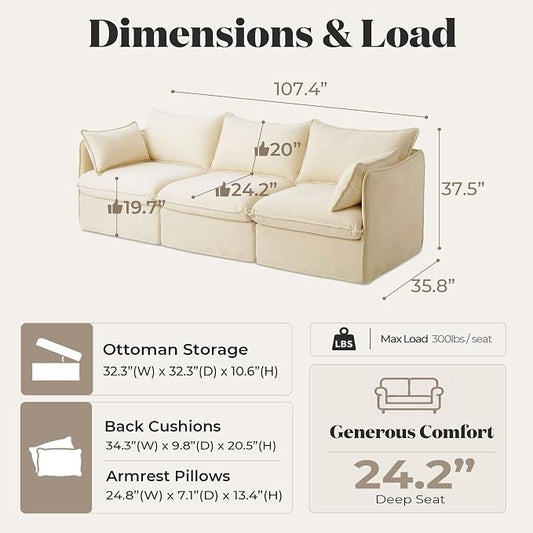 Cloud Modular Sofa, Oversized Deep Seat Comfort, Luxe Chenille | Fully Removable Washable Covers, Memory Foam Seat Cushions, Premium Fabric